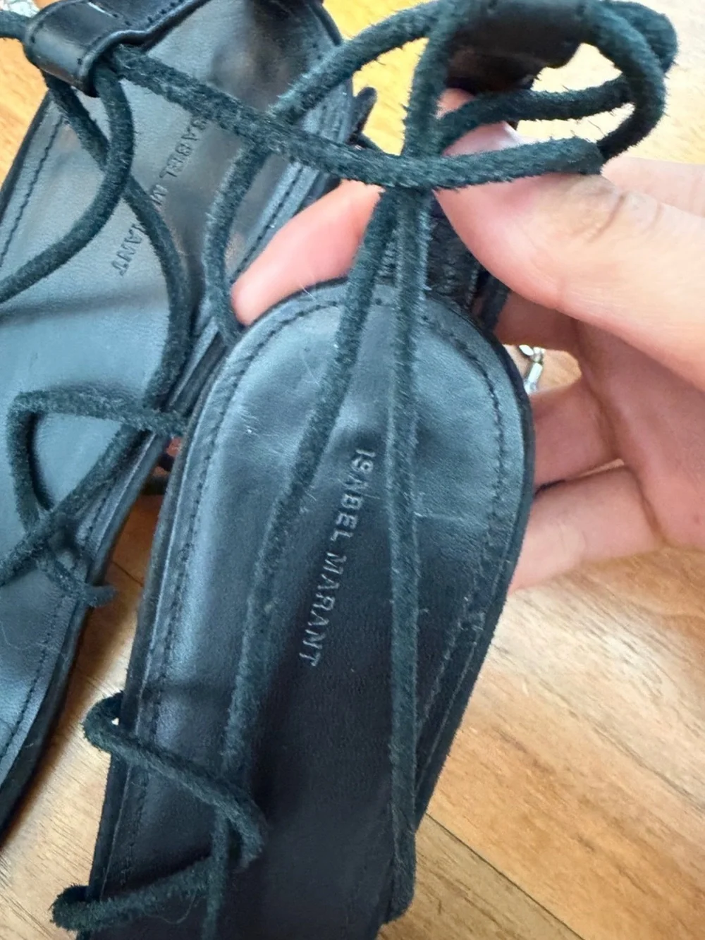 Isabel Marant Black Lace-Up Strappy Adeia Heels with Silver Charm Detail